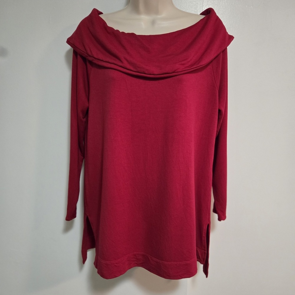 Zenergy Chico's Size 1P (PM) Red Shawl Collar Stretch Knit 3/4 Sleeve Fleece Top